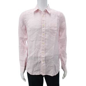 120% Lino Mens Button Front Long Sleeve Collared Linen Shirt Pink Size XS
